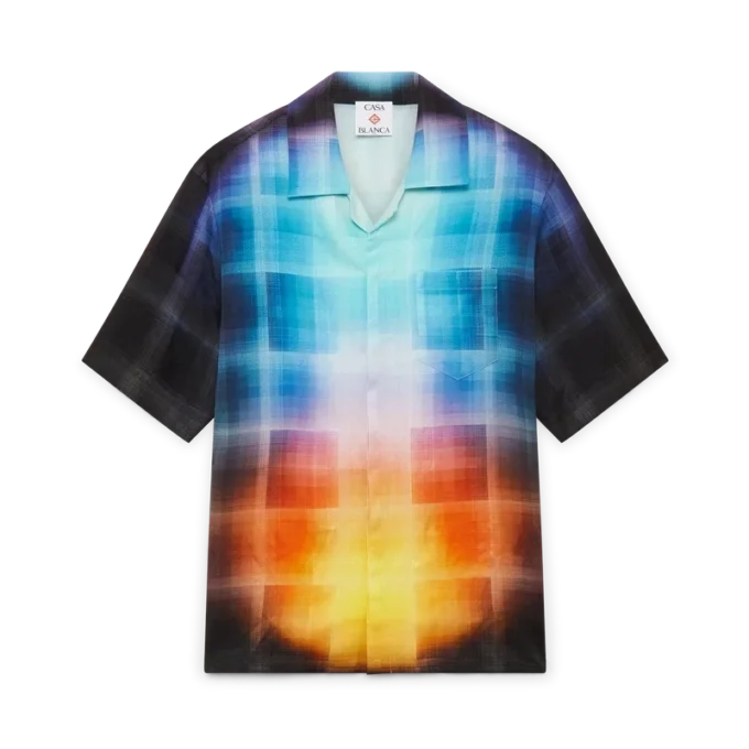 Camisa de pantalón corto de mezcla de viscosa con estampado de cuadros degradados