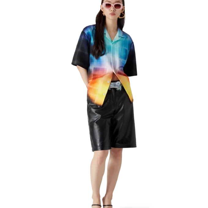 Camisa de pantalón corto de mezcla de viscosa con estampado de cuadros degradados