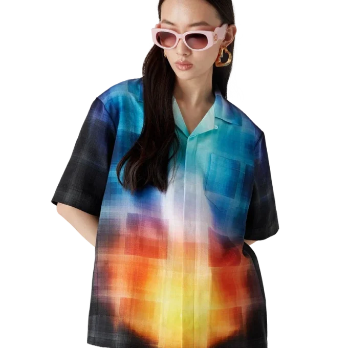 Camisa de pantalón corto de mezcla de viscosa con estampado de cuadros degradados