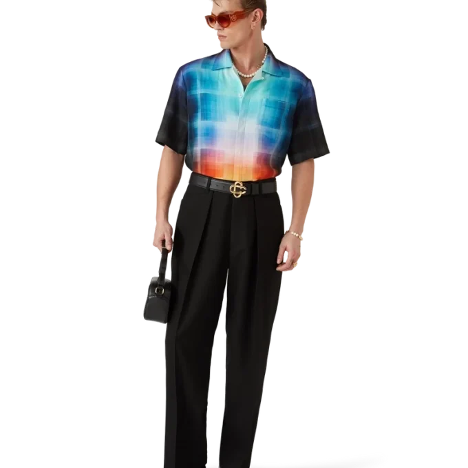 Camisa de pantalón corto de mezcla de viscosa con estampado de cuadros degradados