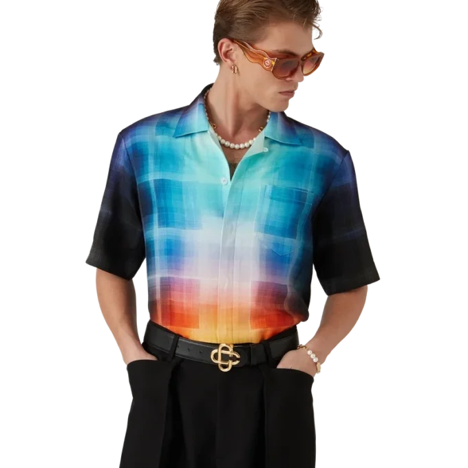 Camisa de pantalón corto de mezcla de viscosa con estampado de cuadros degradados