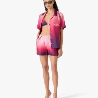 Camisa de seda de pantalón corto con cuello cubano y degradado en color berenjena