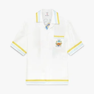 Camisa de seda de pantalón corto con paisaje de tenis en blanco