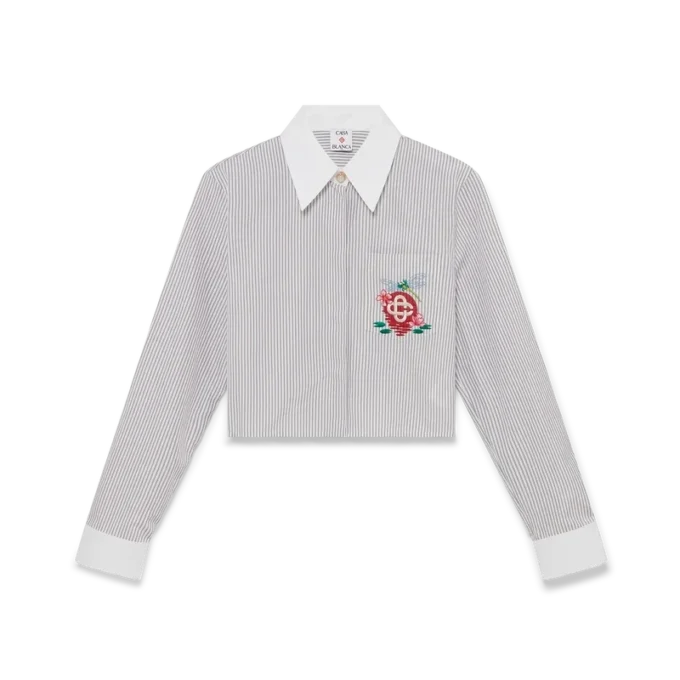 Camisas cortas de algodón con rayas finas y bordados Camisas cortas de algodón con rayas finas y bordados