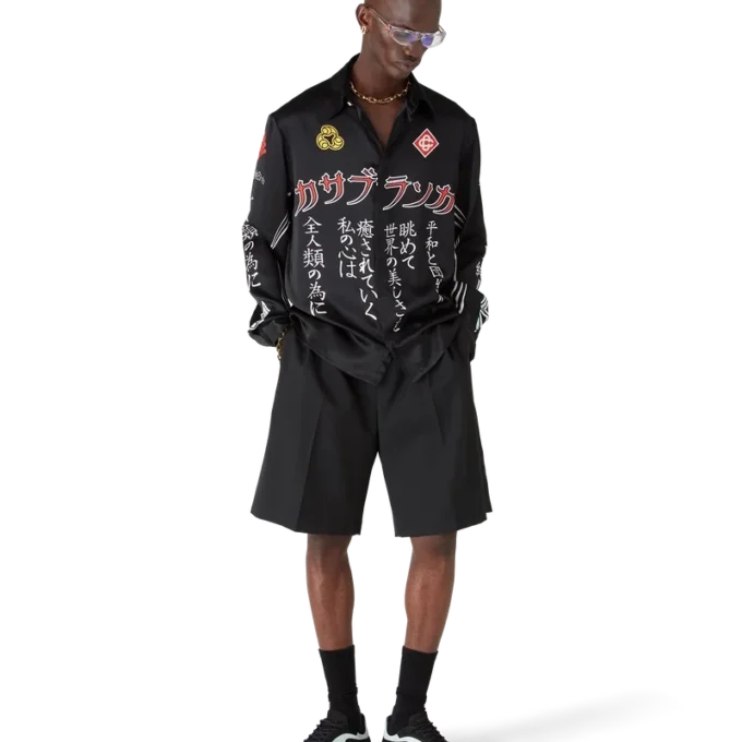 Camisas de satén de seda de manga larga con emblema