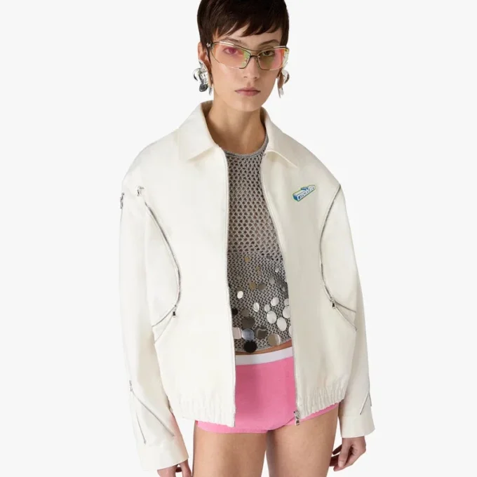 Chaqueta de algodón drill con cremallera blanca