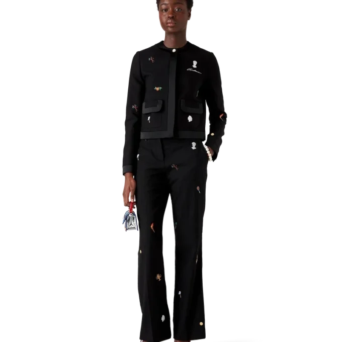 Pantalones de sastrería de lana con motivo bordado