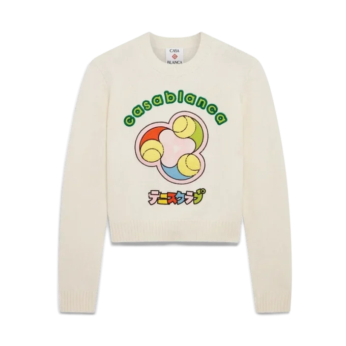 Jersey de cuello redondo de punto merino con estampado de pelotas de tenis