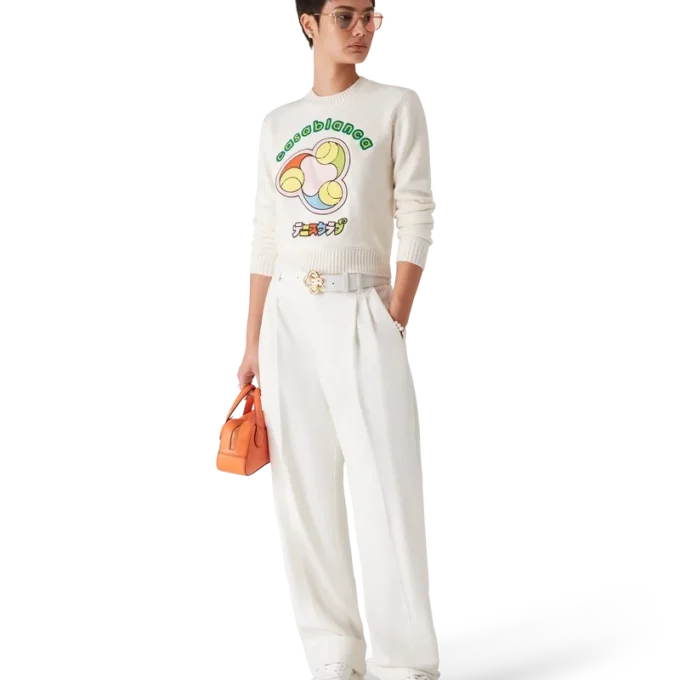 Jersey de cuello redondo de punto merino con estampado de pelotas de tenis