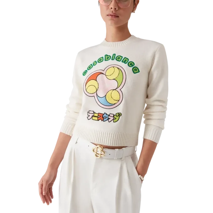 Jersey de cuello redondo de punto merino con estampado de pelotas de tenis