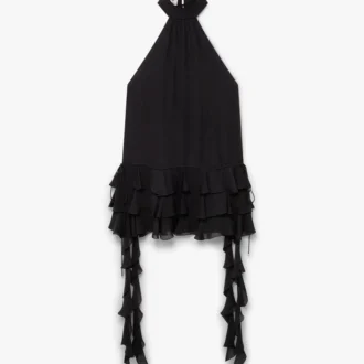 Mini vestido negro de georgette con doble volante