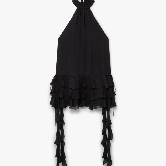 Mini vestido negro de georgette con doble volante