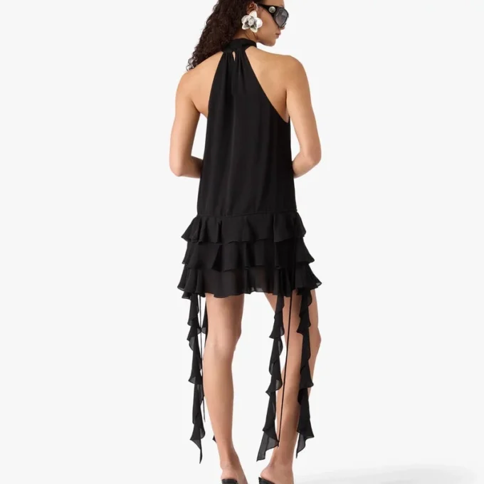 Mini vestido negro de georgette con doble volante