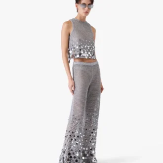 Pantalones de ganchillo plateado con efecto espejo