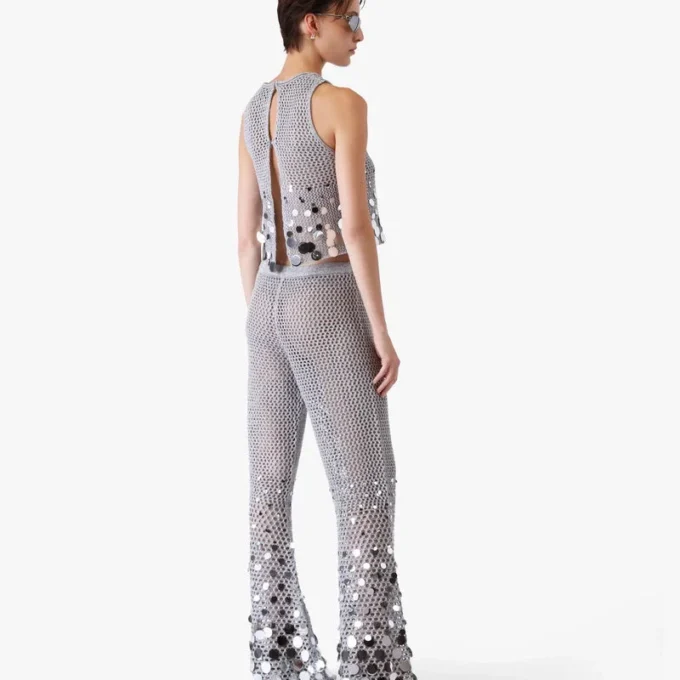 Pantalones de ganchillo plateado con efecto espejo Pantalones de ganchillo plateado con efecto espejo