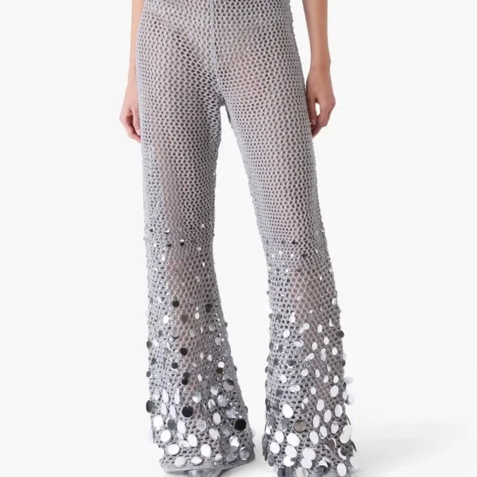 Pantalones de ganchillo plateado con efecto espejo Pantalones de ganchillo plateado con efecto espejo