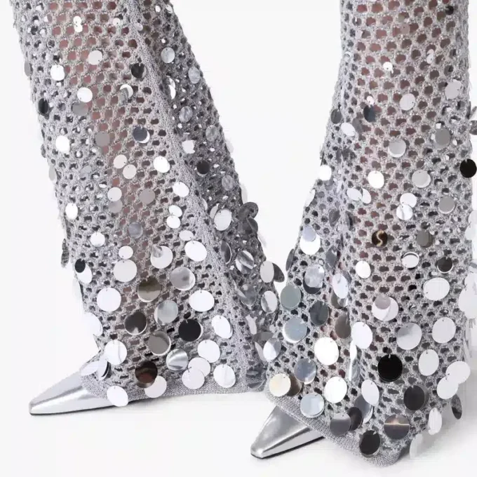 Pantalones de ganchillo plateado con efecto espejo Pantalones de ganchillo plateado con efecto espejo