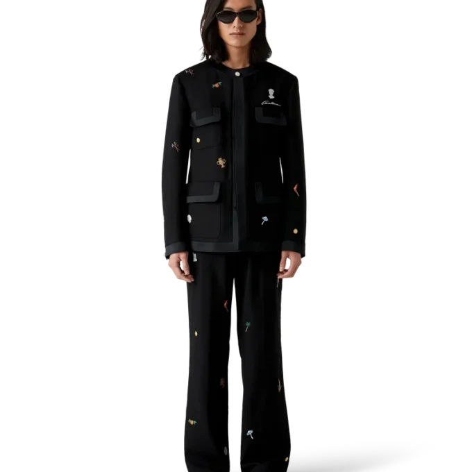 Pantalones de sastrería de lana con motivo bordado