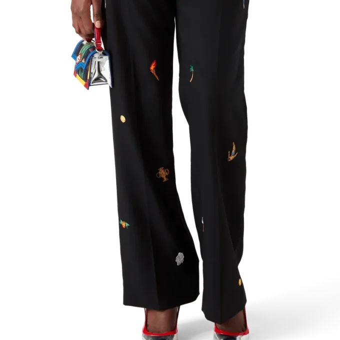 Pantalones de sastrería de lana con motivo bordado