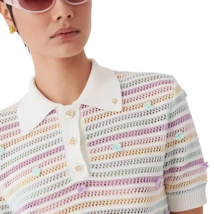 Polo de algodón de ganchillo con rayas florales