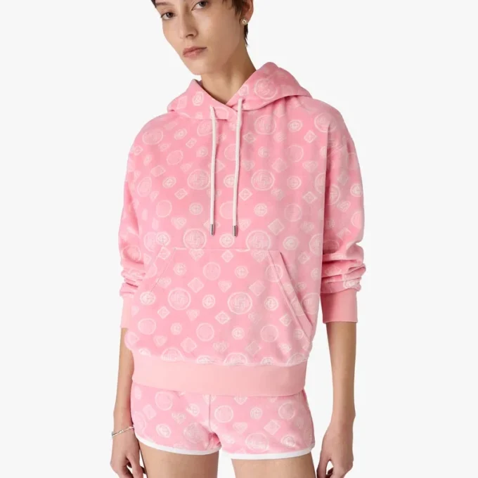 Sudadera con capucha de terciopelo rosa con monograma Sudadera con capucha de terciopelo rosa con monograma