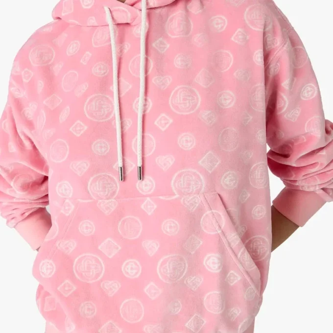 Sudadera con capucha de terciopelo rosa con monograma Sudadera con capucha de terciopelo rosa con monograma