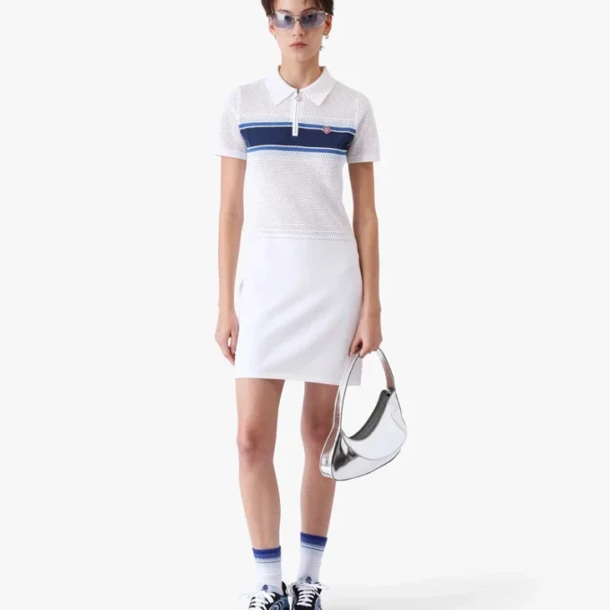 Vestido midi de malla a rayas blancas y azules