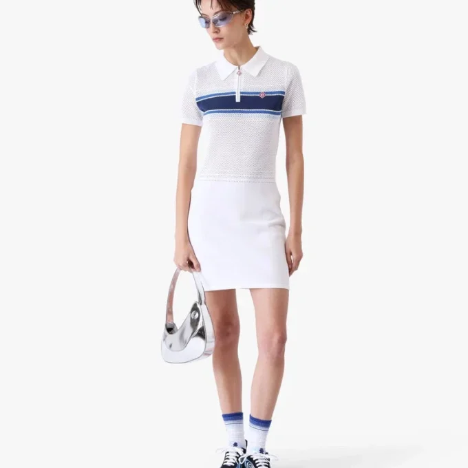 Vestido midi de malla a rayas blancas y azules